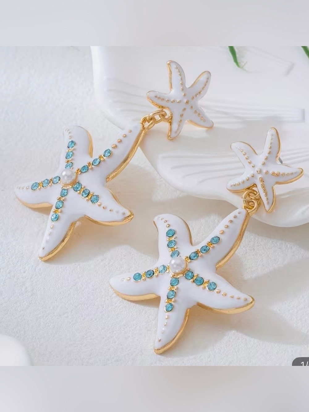 NWT White & Gold Starfish Drop Earrings with Aqua Crystals, Summer Jewelry